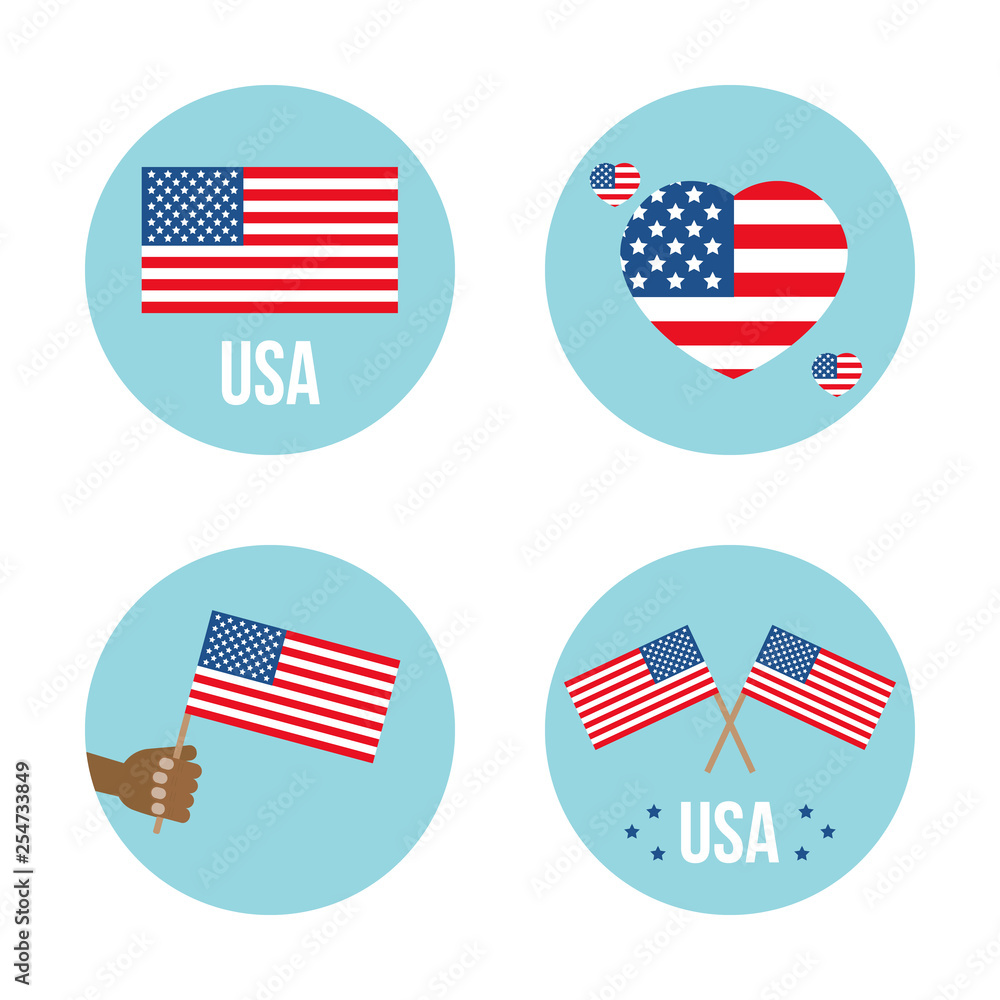 Set, collection of round icons, labers or stickers with USA flags. Set, collection of round icons, labers or stickers with USA flags.