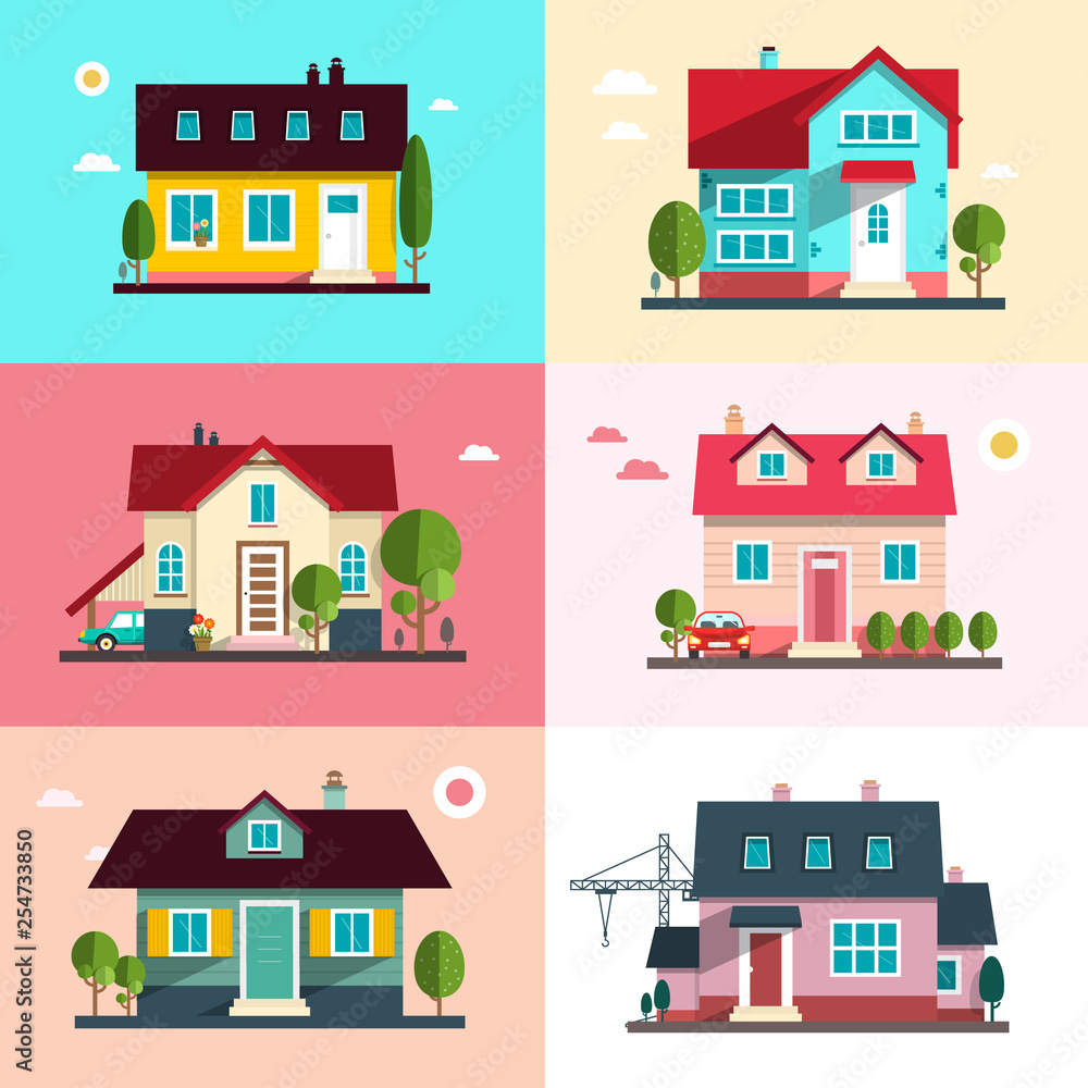 Urban Building Symbols - Vector Flat Design Family Houses Set - Home Exterior Icons