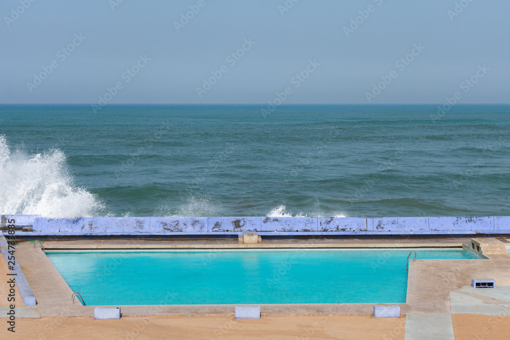 Resort Pool along the Atlantic Ocean in Casablanca Morocco with Waves