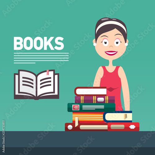 Woman with Books Vector Flat Design Education - Literature Study and Knowledge Concept. Young Student in Library or Bookstore.