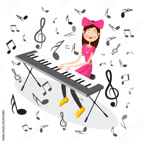 Woman in Pink Playing Electric Piano with Notes Vector Illustration. Jazz  or Pop Music Cartoon with Happy Girl. vector de Stock | Adobe Stock
