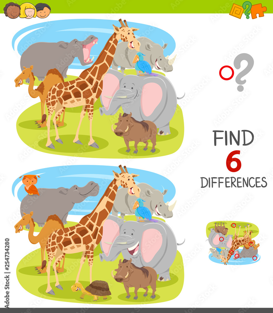 Fototapeta premium find differences game with cartoon animal characters