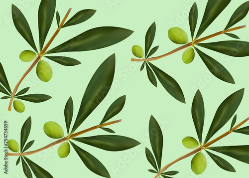 floral background with green olive trees illustration on light green background
