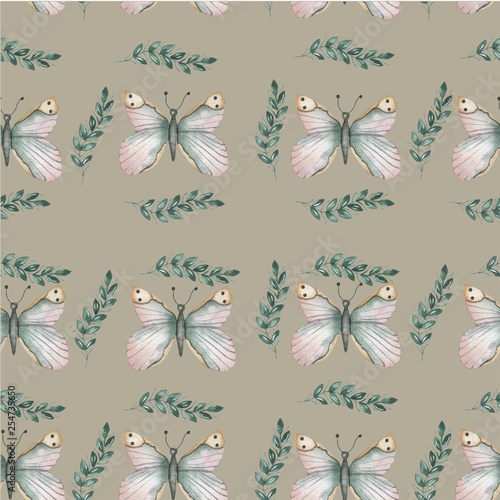 Seamless watercolor pattern of leaves and butterflies.