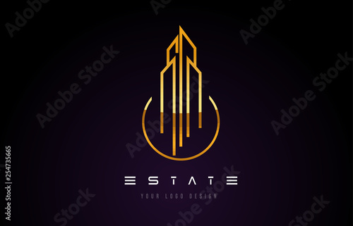 Gold Real Estate Modern Monogram Logo Design. Real Estate Lines Abstract Buildings Icon.