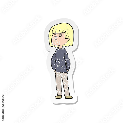 retro distressed sticker of a cartoon woman ignoring