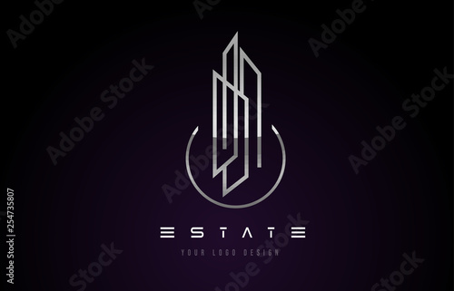 Silver Metal Real Estate Modern Monogram Logo Design. Real Estate Lines Abstract Buildings Icon.