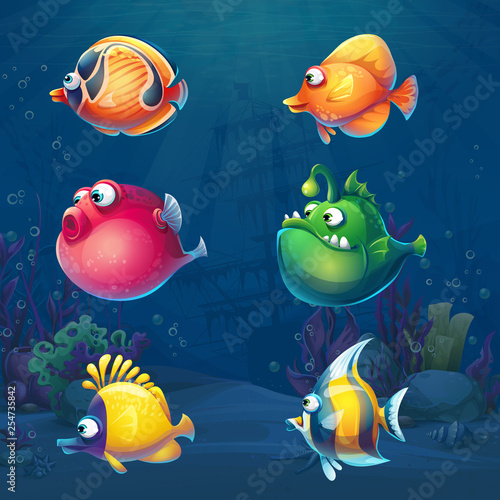 Set of cartoon funny fish in underwater world