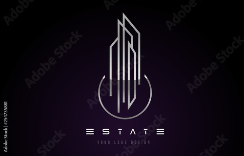 Silver Metal Real Estate Modern Monogram Logo Design. Real Estate Lines Abstract Buildings Icon.