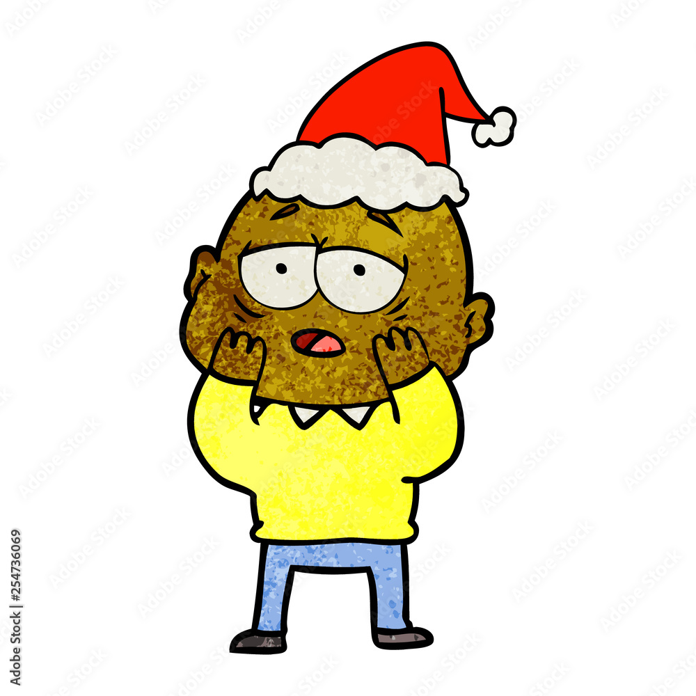 textured cartoon of a tired bald man wearing santa hat textured cartoon of a tired bald man wearing santa hat