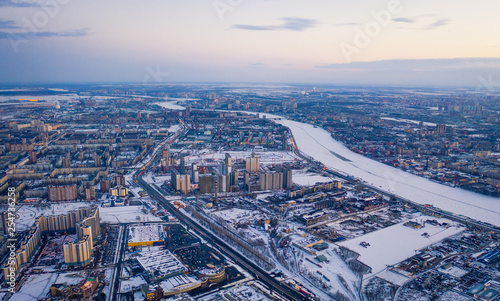Aerial drone footage above modern part of Saint Petersburg. 