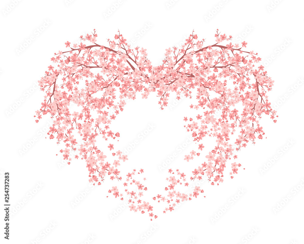 blooming flower heart made of sakura tree blossom - spring season love symbol vector design