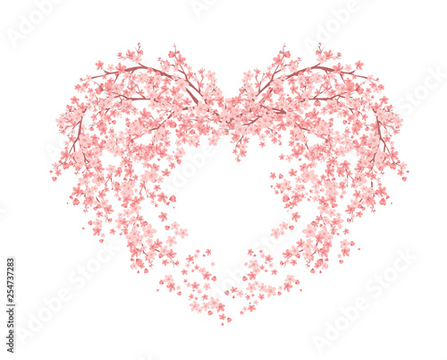 blooming flower heart made of sakura tree blossom - spring season love symbol vector design