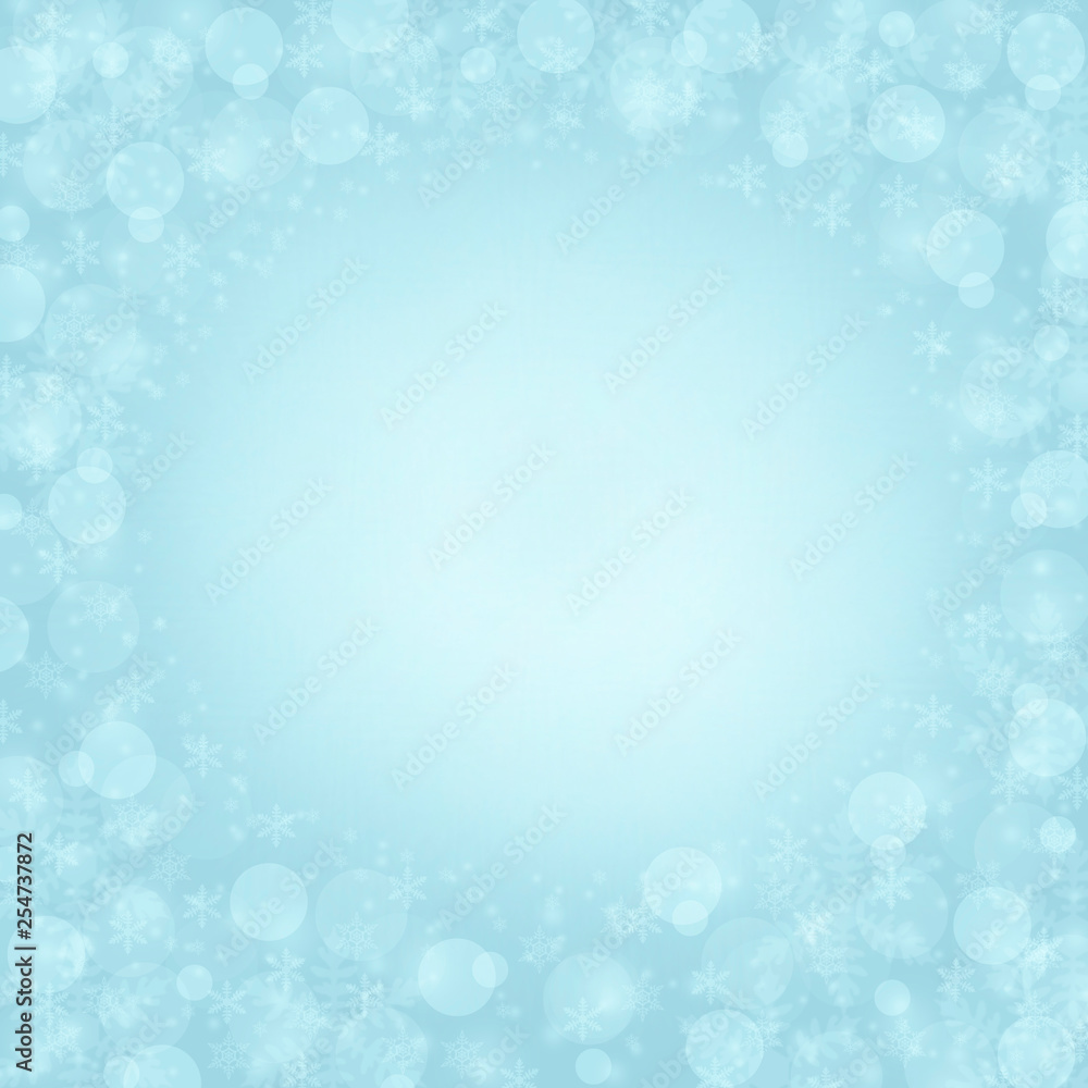 Light blue background with a snowflakes and circles Light blue background with a snowflakes and circles