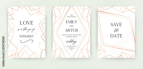 Wedding invite, invitation save the date card modern design with geometrical golden rose, copper, metallic foil classy decorative frame, border. Beautiful, abstract art. Trendy, luxury vector template