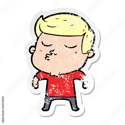 distressed sticker of a cartoon model guy pouting