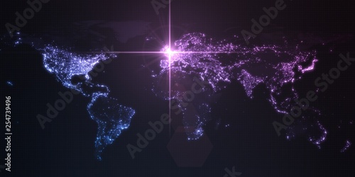 power of england, energy beam on london. dark map with illuminated cities and human density areas. 3d illustration