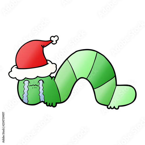 gradient cartoon of a caterpillar obsessing over his regrets wearing santa hat