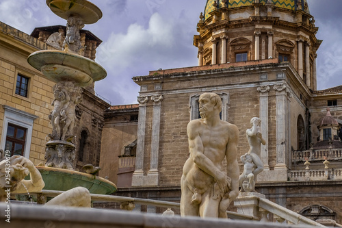 Sculpture of the famous fountain of shame on baroque Piazza Pretoria, Palermo