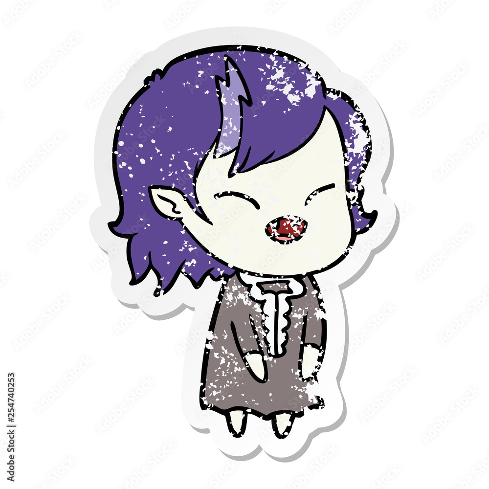 distressed sticker of a cartoon laughing vampire girl distressed sticker of a cartoon laughing vampire girl
