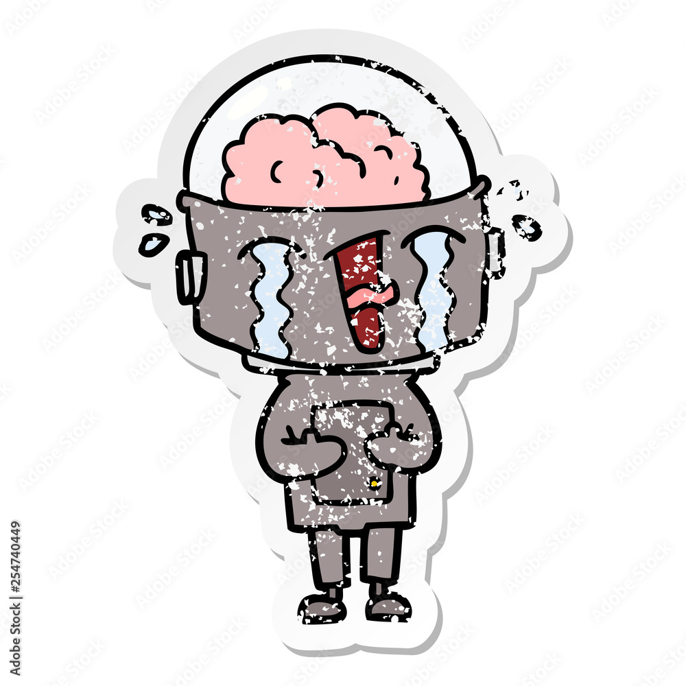 distressed sticker of a cartoon crying robot distressed sticker of a cartoon crying robot