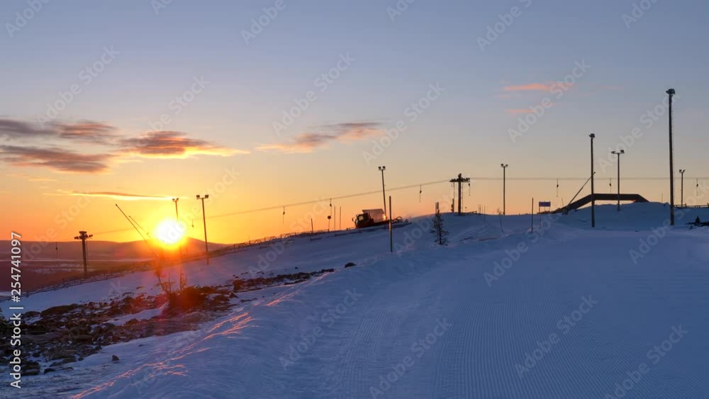 Sunrise Snow Groomer, Snowcat Piste Bashing Ski Resort. Sunrise Snow Groomer, Snowcat Piste Bashing Ski Resort.