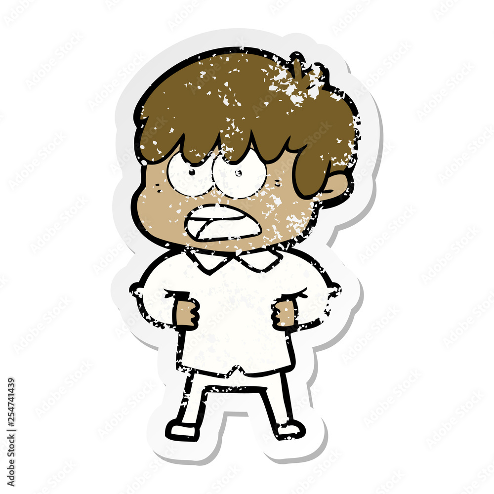 distressed sticker of a worried cartoon boy