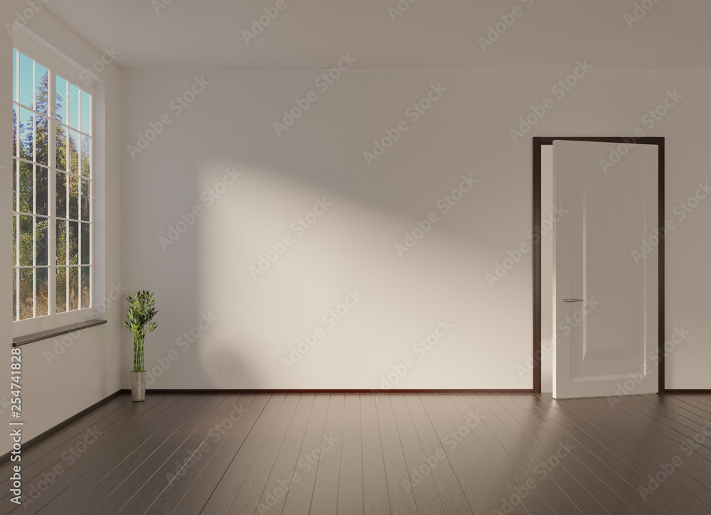 Empty room with a sunlight and wooden floor. Window and opened door. 3D rendering.