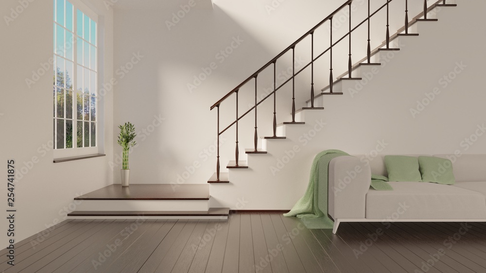 Home interior with a stairs and wooden floor. White sofa. 3D rendering. Home interior with a stairs and wooden floor. White sofa. 3D rendering.