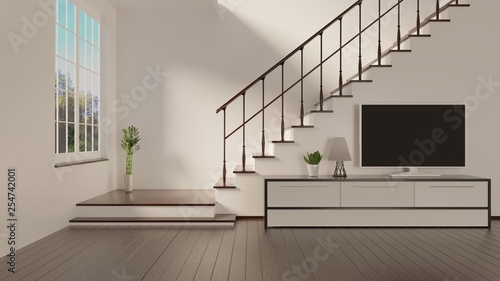 Home interior with a stairs on a second floor and window. TV on a console. White walls. 3D rendering.
