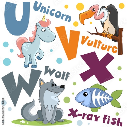 A set of letters with pictures of animals, words from the English alphabet. For the education of children. Animal characters are wolf, rengen fish, bird vulture and unicorn.