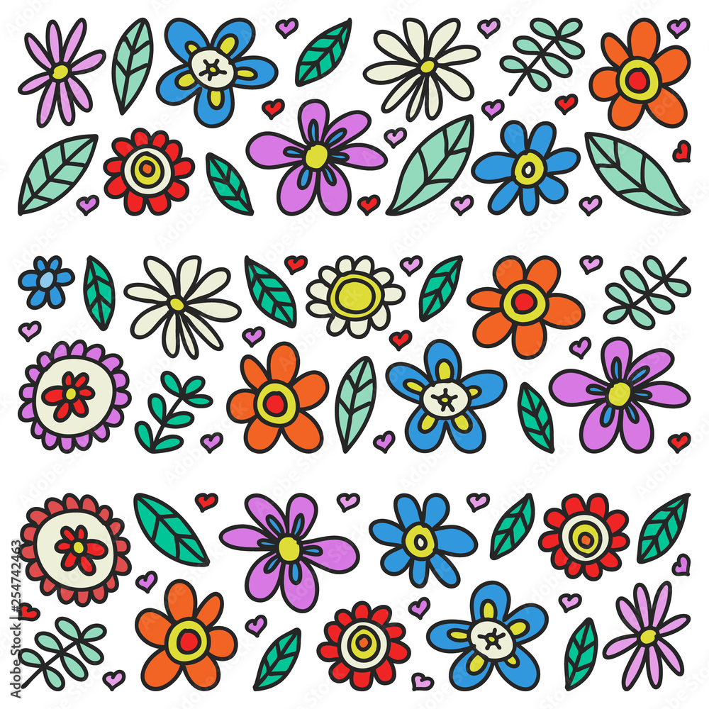 Obraz premium Vector set of child drawing flowers icons in doodle style. Painted, colorful, pictures on a piece of paper on white background.