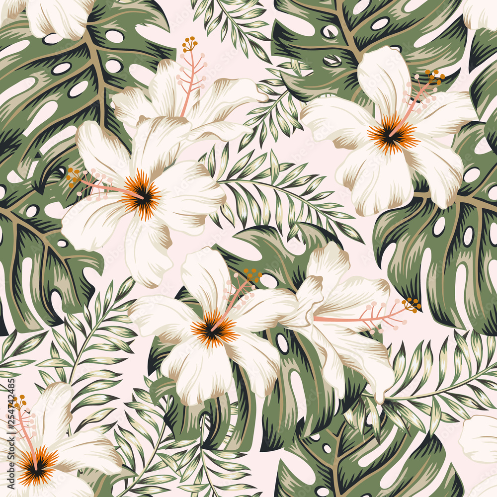 Gardinen mit Tropische weie Hibiskusblten, Monstera-Palmenbltter, weier  Hintergrund. Vektor nahtlose Muster. Dschungellaubillustration. Exotische  Pflanzen. Blumenmuster am Sommerstrand. Paradies Natur - Nikkel-Art.at