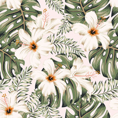 Fotobehang Hibiscus patronen Witte hibiscus monstera tropisch boeket  © ojardin