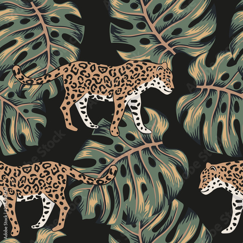 Tropical leopard animal, monstera palm leaves, black background. Vector seamless pattern. Graphic illustration. Exotic jungle plant. Summer beach floral design. Paradise nature