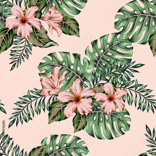 Tropical hibiscus flowers, monstera palm leaves bouquets, pink background. Vector seamless pattern. Jungle foliage illustration. Exotic plants. Summer beach floral design. Paradise nature