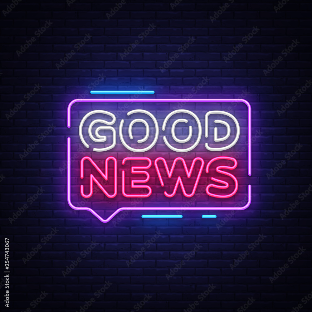 Obraz premium Good News neon sign vector. Good News Design template neon signboard, light banner, neon signboard, nightly bright advertising, light inscription. Vector illustration
