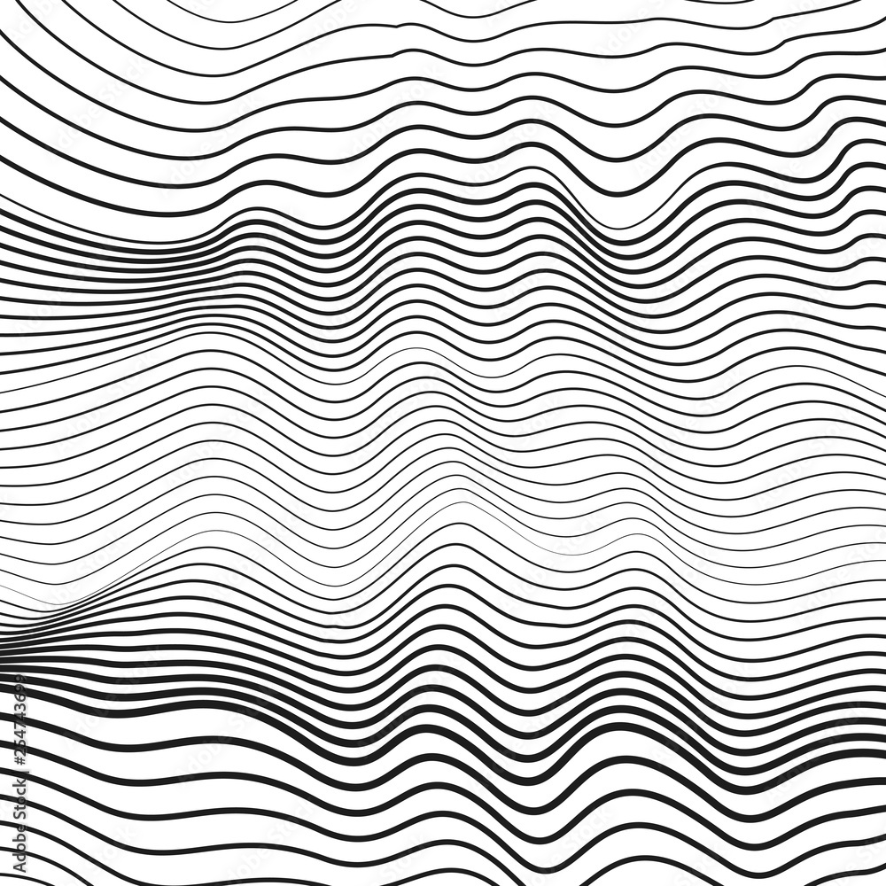 Undulating thin lines. Black and white dynamic waves. Vector monochrome fluid pattern. Abstract op art design. Creative subtle curves. Tech modern background, ripple surface. EPS10 illustration Undulating thin lines. Black and white dynamic waves. Vector monochrome fluid pattern. Abstract op art design. Creative subtle curves. Tech modern background, ripple surface. EPS10 illustration