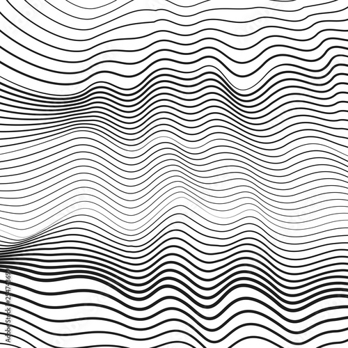 Undulating thin lines. Black and white dynamic waves. Vector monochrome fluid pattern. Abstract op art design. Creative subtle curves. Tech modern background, ripple surface. EPS10 illustration