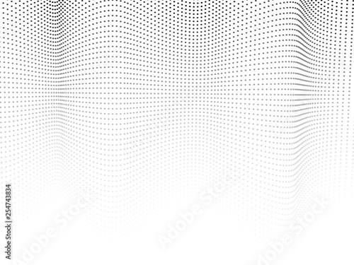 Gray spots on a white background. Halftone textured pattern. Dotted undulating lines. Monochrome op art design. Vector airy waves. Abstract digital graphic. Tech concept. EPS10 illustration