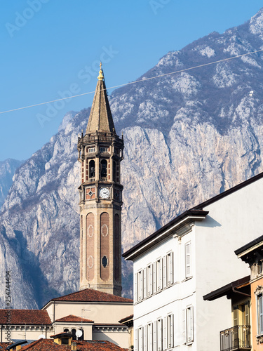 bell tower San Nicolo over houses in Lecco city
