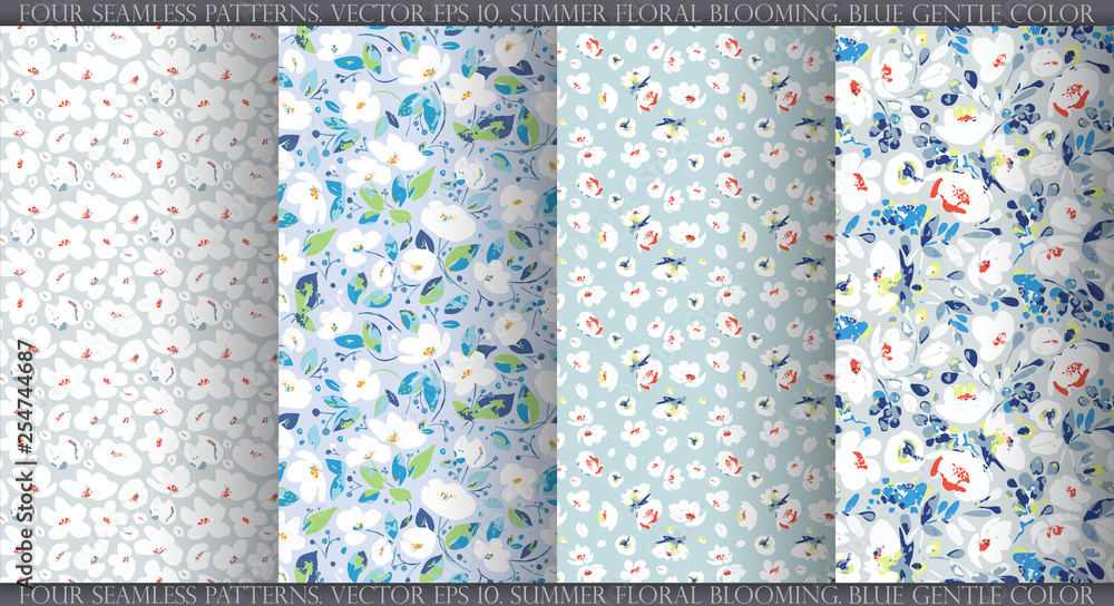 Set with four vector seamless patterns, abstract gentle white flowers on dusty blue, gray background. Use in textiles, interior, wrapping paper and other design. Set with four vector seamless patterns, abstract gentle white flowers on dusty blue, gray background. Use in textiles, interior, wrapping paper and other design.