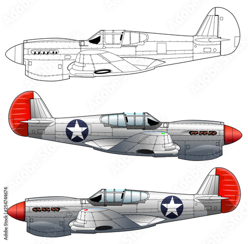 Old military aircraft fighter on white background, vector illustration