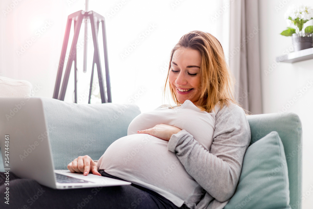 Smiling pregnant woman using laptop, sitting on sofa at home Smiling pregnant woman using laptop, sitting on sofa at home