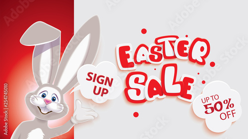 Easter mobile sale banner with gray Easter Bunny next to textual signboard isolated on red background,vector illustration of online shopping website
