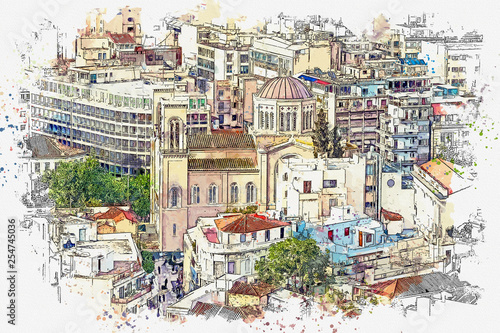 Watercolor sketch or illustration of a beautiful view of the city architecture of Athens in Greece