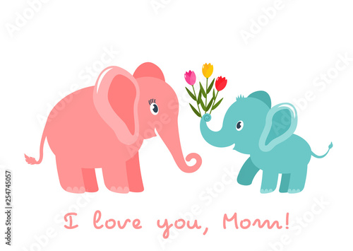 Cute funny baby elephant gives a heart bouquet of tulips flowers. greeting card. Mother's Day holiday concept. flat vector illustration isolated