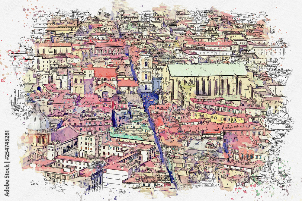 Watercolor sketch or illustration of a beautiful view of a residential area or the traditional architecture of Naples in Italy