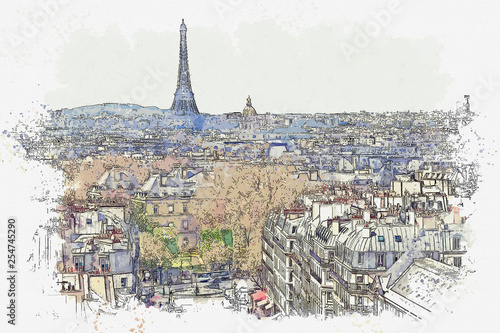 Photography Watercolor sketch or illustration of a beautiful view of Paris in France