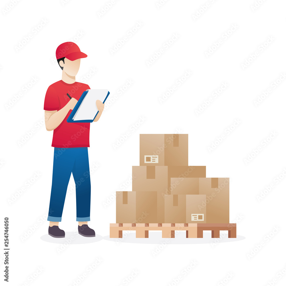 Warehouse Worker Checking Goods On Pallet Stock Warehouse Inventory